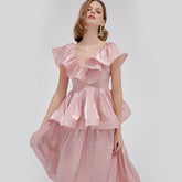 Ruffled V-Neck Midi Dress in Chiffon Organza with Flared Peplum and Layered Skirt